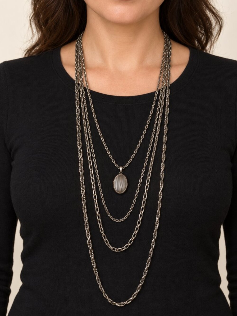 Vintage Silver Tone Multi Chain Oval Locket Necklace Layered Statement